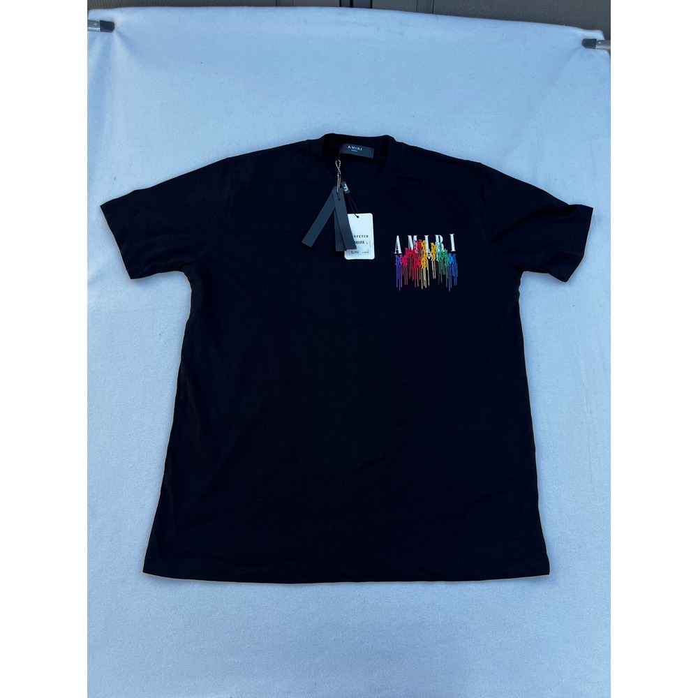 AMIRI Men's Black Cotton T-Shirt Rainbow‎ Drip Logo Graphic Casual Top